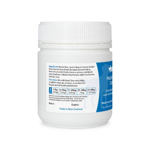 Left label view of CellVra MultiVitality Canine showing ingredients and dosage