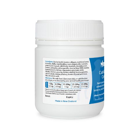 Left label view of CellVra CushVitality Canine showing ingredients and dosage